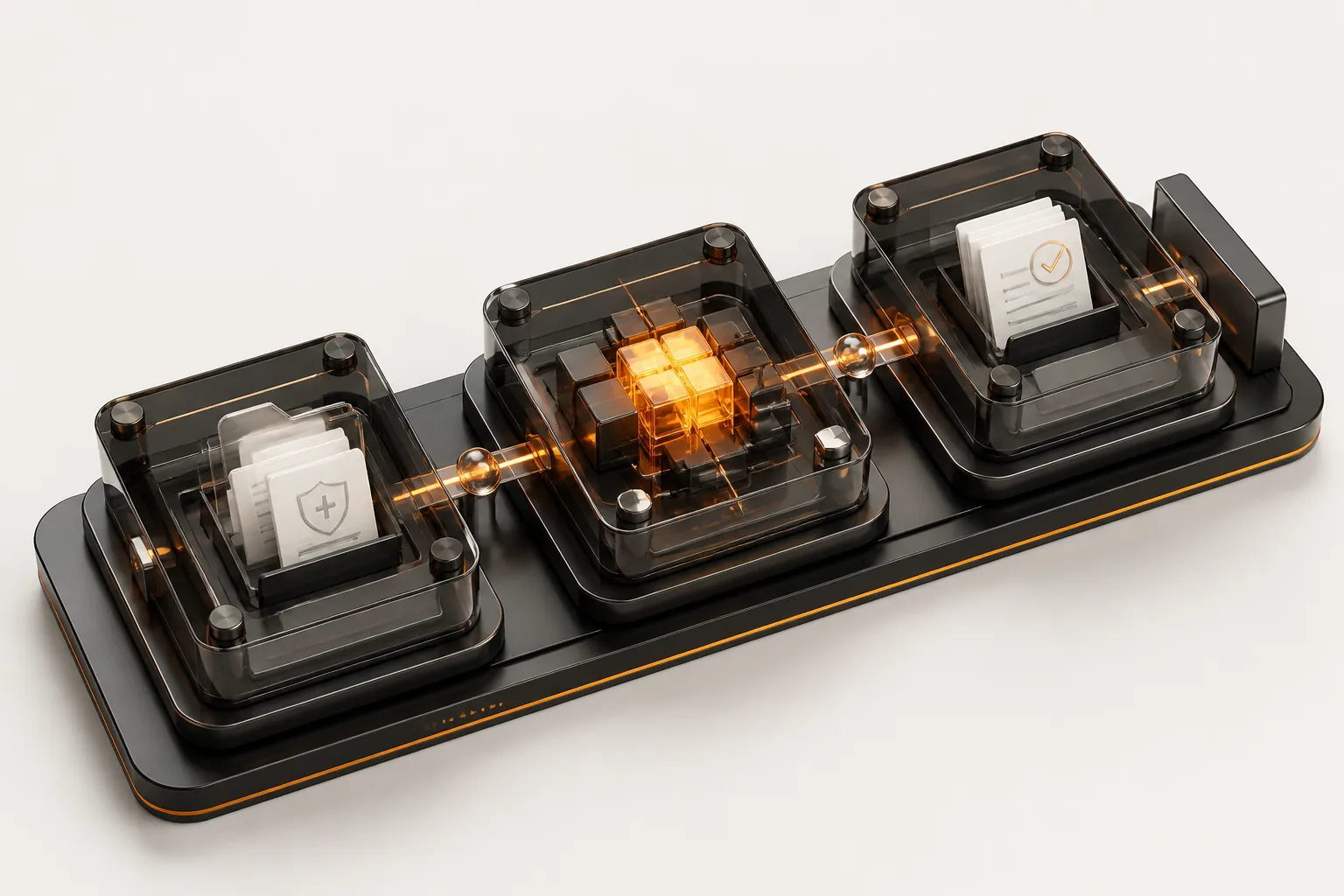 A black glass healthcare insurance processing instrument moving documents through an AI reasoning core to human review
